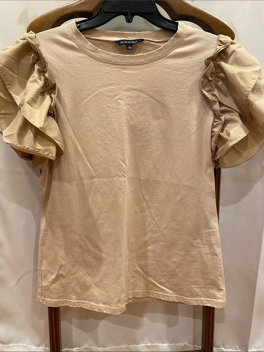 Beige Ruffle Sleeve Tee by Strut & Bolt